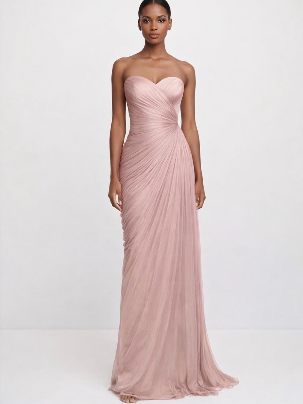 Strapless Blush Pink Ruched Evening Gown
